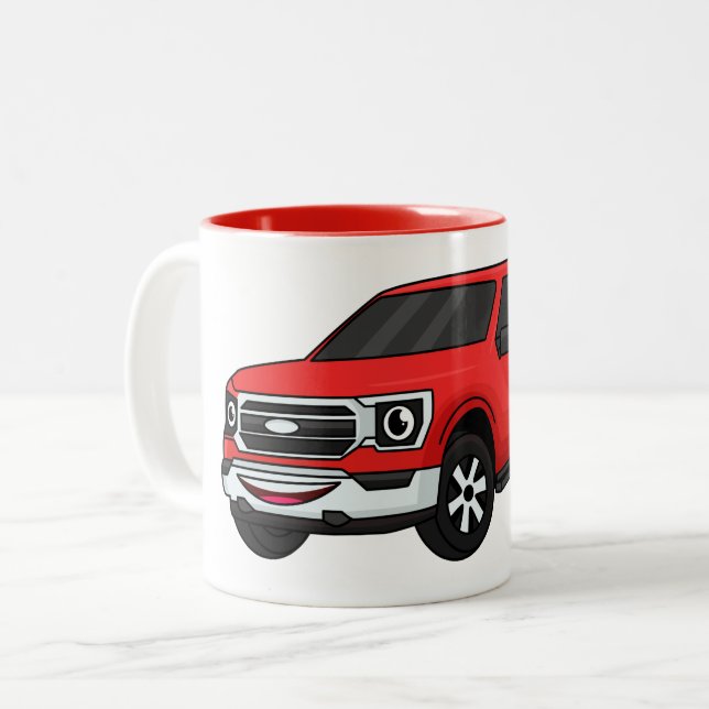 Niedlicher Truck-Cartoon mit rotem Lieferwagen Zweifarbige Tasse (Vorderseite Links)