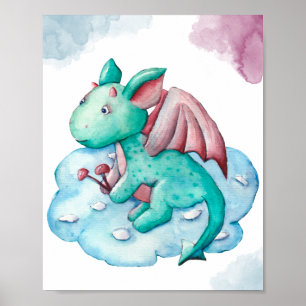 Niedlicher türkisfarbener Drache auf einem Cloud-D Poster