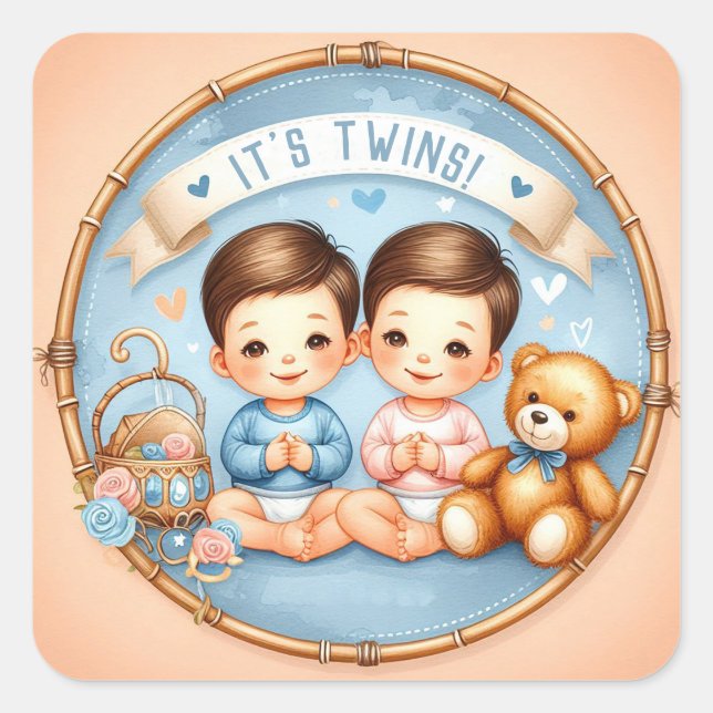 Niedlicher Twin Boys Baby Dusche Wasserfarbe Teddy Quadratischer Aufkleber (Vorderseite)