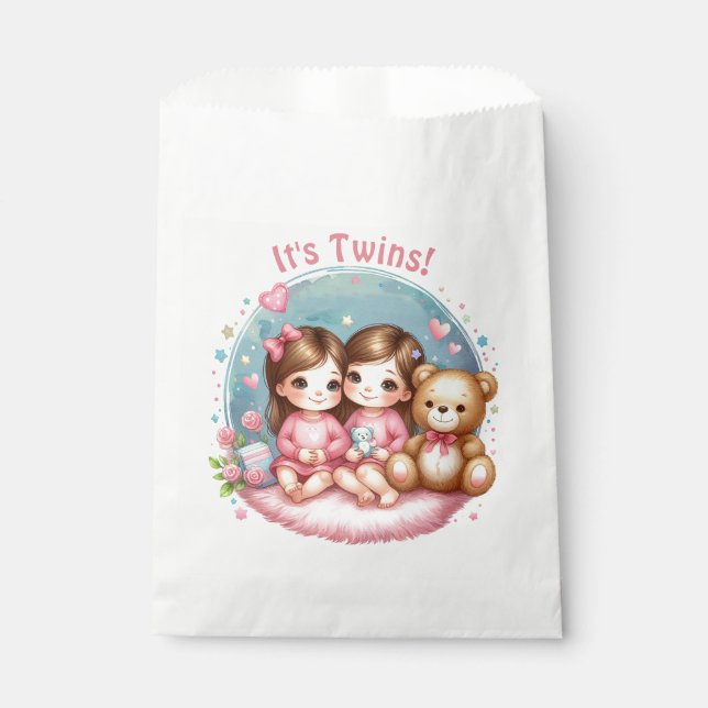 Niedlicher Twin Girl's Baby Shower Watercolor Tedd Geschenktütchen (Vorderseite)