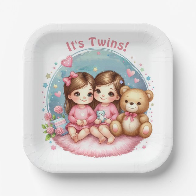 Niedlicher Twin Girl's Baby Shower Watercolor Tedd Pappteller (Vorderseite)