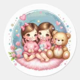 Niedlicher Twin Girl's Baby Shower Watercolor Tedd Runder Aufkleber
