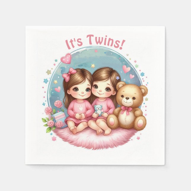 Niedlicher Twin Girl's Baby Shower Watercolor Tedd Serviette (Vorderseite)