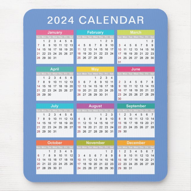 Niedlicher und farbenfroher Kalender 2024 | Mousep Mousepad (Vorne)