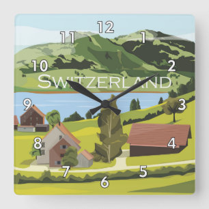 Niedlicher und farbenfroher Schweizer Cartoon Zeic Quadratische Wanduhr