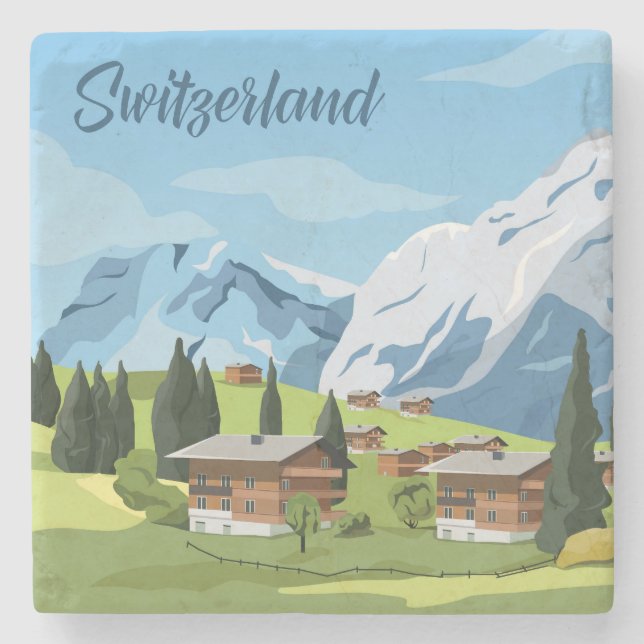 Niedlicher und farbenfroher Schweizer Cartoon Zeic Steinuntersetzer (Vorderseite)