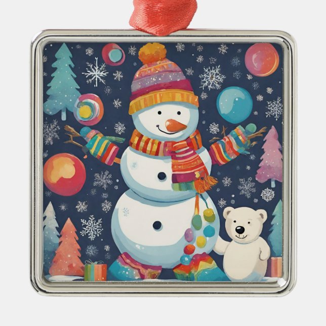 Niedlicher und farbenfroher Weihnachtsschneemann Ornament Aus Metall (Vorne)
