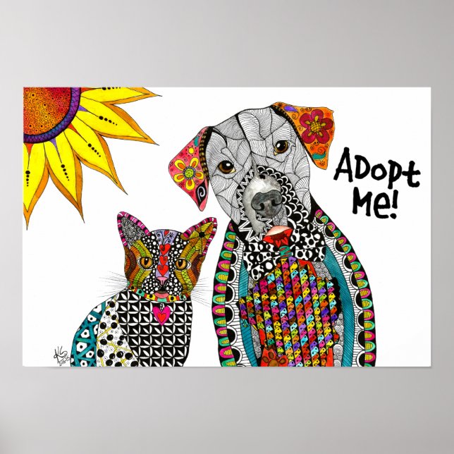 Niedlicher und farbiger Hund und Katze Adoptierte  Poster (Vorne)