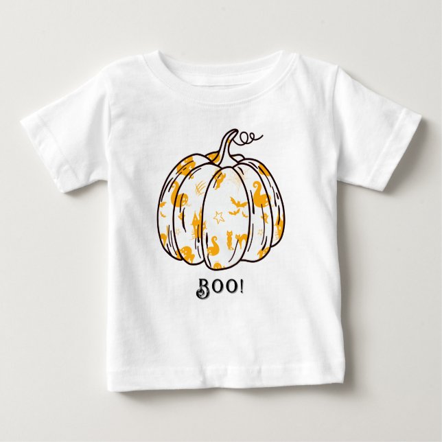 Niedlicher und gespeckter Orange Jack-O’ Lantern Baby T-shirt (Vorderseite)