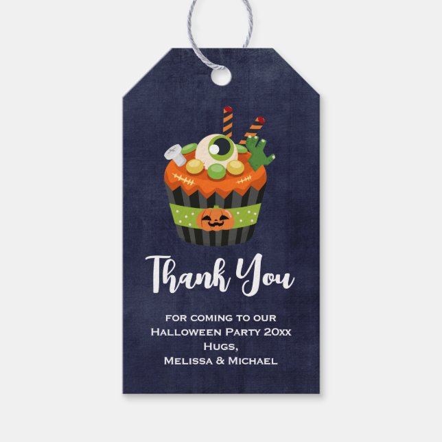 Niedlicher und grauenhafter Halloween Cupcake Dank Geschenkanhänger (Vorderseite)