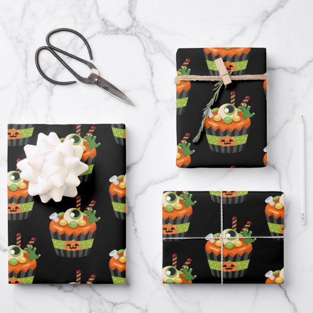 Niedlicher und grauenhafter Halloween Cupcake mit  Geschenkpapier Set (Vorderseite)