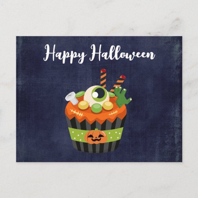 Niedlicher und grauenhafter Halloween Cupcake mit  Postkarte (Vorderseite)