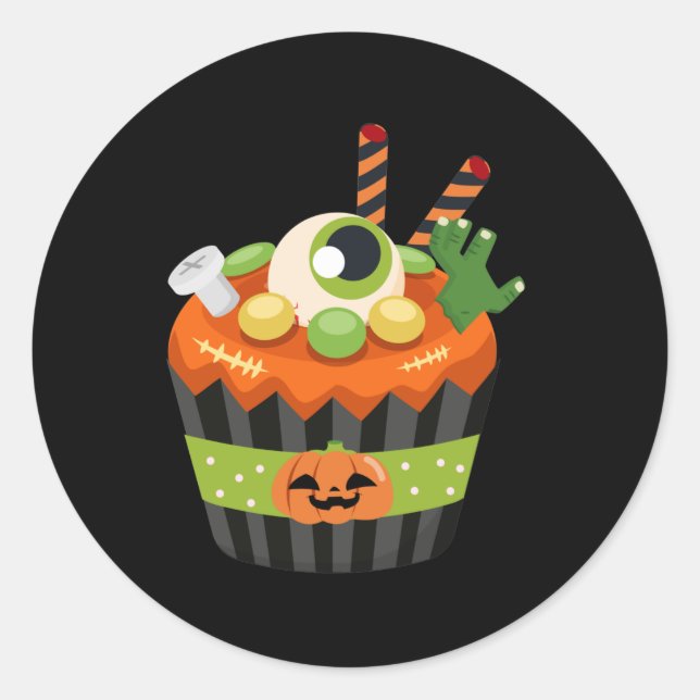 Niedlicher und grauenhafter Halloween Cupcake mit  Runder Aufkleber (Vorderseite)