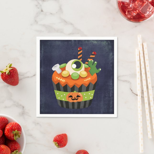 Niedlicher und grauenhafter Halloween Cupcake mit  Serviette (Beispiel)