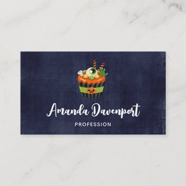 Niedlicher und grauenhafter Halloween Cupcake mit  Visitenkarte (Vorderseite)
