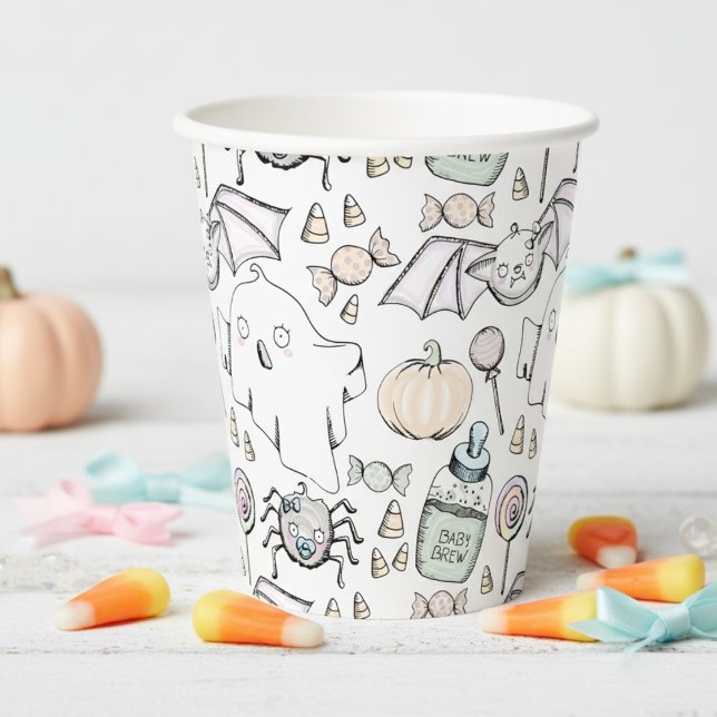 Niedlicher und süßer Halloween-Kindergeburtstag Pappbecher (Gender Neutral Halloween Baby Shower Paper Cups. Ghosts, Bats, Spider, Candy Autumn Pattern for Her)
