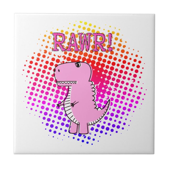 Niedlicher und wütend rosa Cartoon T-Rex Dinosauri Fliese (Vorderseite)