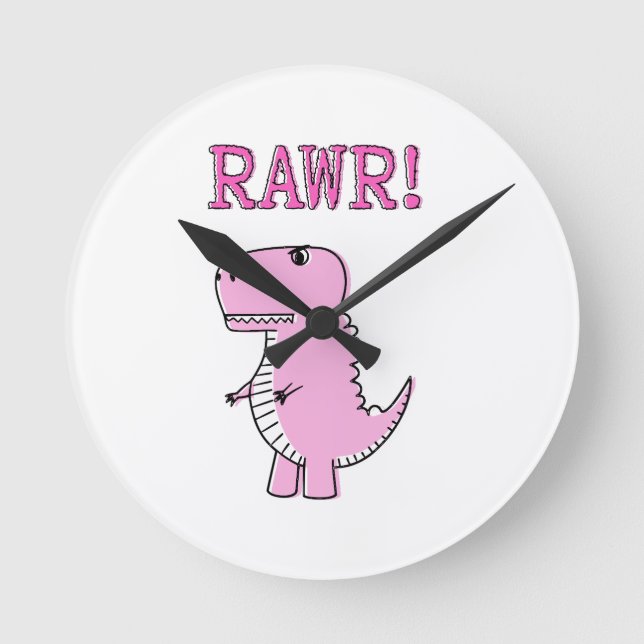 Niedlicher und wütend rosa Cartoon T-Rex Dinosauri Runde Wanduhr (Vorderseite)