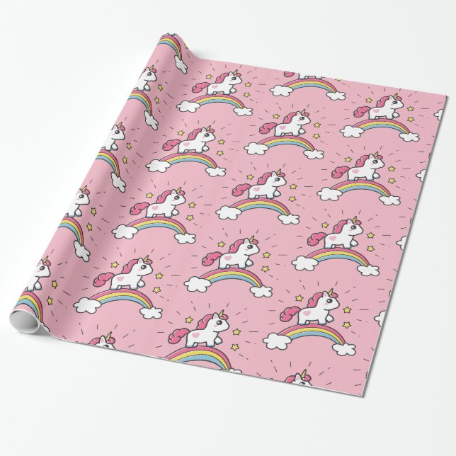 Niedlicher Unicorn auf einem Regenbogen-Entwurf Geschenkpapier (Ungerollt)