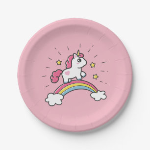 Niedlicher Unicorn auf einem Regenbogen-Entwurf Pappteller