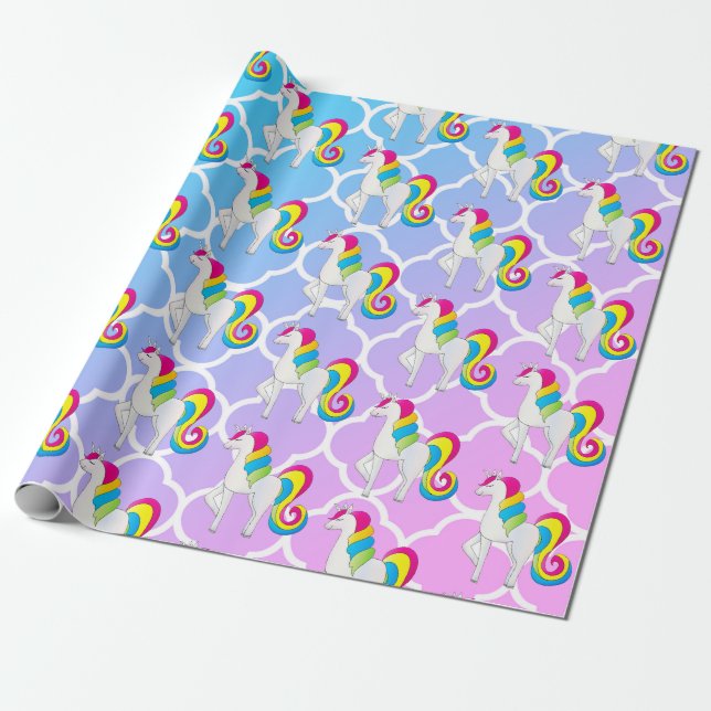 Niedlicher Unicorn blaues und rosa Quatrefoil Geschenkpapier (Ungerollt)