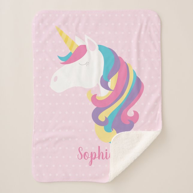 Niedlicher Unicorn-Polka-Punkt personalisiert Sherpadecke (Vorderseite)