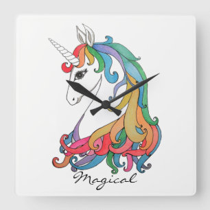 Niedlicher Unicorn Regenbogen des Watercolor Quadratische Wanduhr