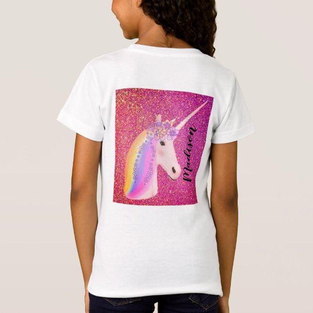 Niedlicher Unicorn Regenbogen Fantasie Rosa Glitze T-Shirt (Rückseite)