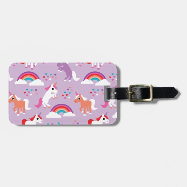 Niedlicher Unicorn-Regenbogen lila Gepäckanhänger (Vorderseite horizontal)