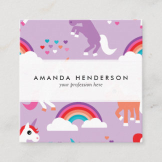 Niedlicher Unicorn-Regenbogen lila Quadratische Visitenkarte