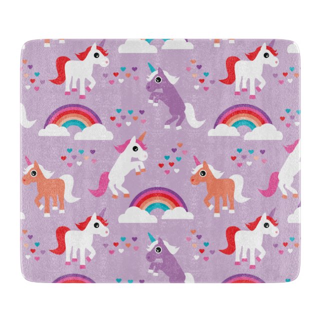 Niedlicher Unicorn-Regenbogen lila Schneidebrett (Vorderseite)