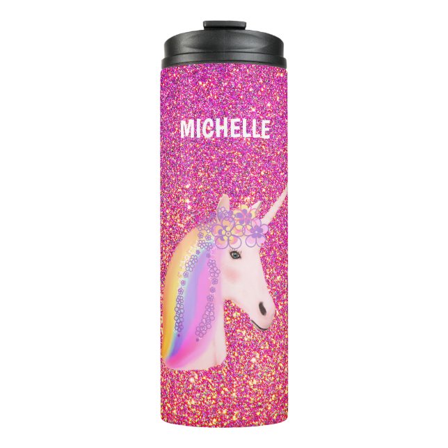 Niedlicher Unicorn Rosa Gold Glitzer Personalisier Thermosbecher (Vorderseite)