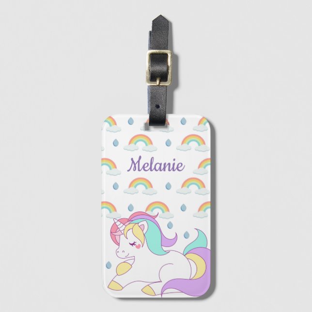 Niedlicher Unicorn und Regenbogen personalisiert Gepäckanhänger (Vorderseite Vertikal)