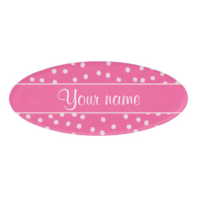 Niedlicher unordentlicher weißer Polka-Punkt-rosa Namenschild (Vorderseite)