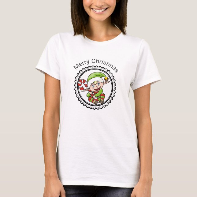 Niedlicher Urlaub Elf mit Candy Cane Frohe Weihnac T-Shirt (Vorderseite)