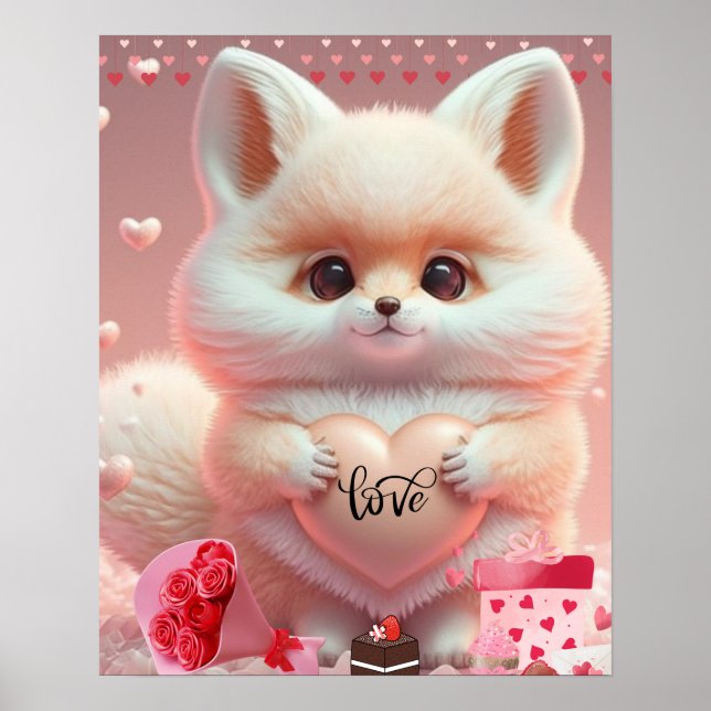 Niedlicher Valentinfuchs mit Herz Liebe Kunst Poster (Vorne)