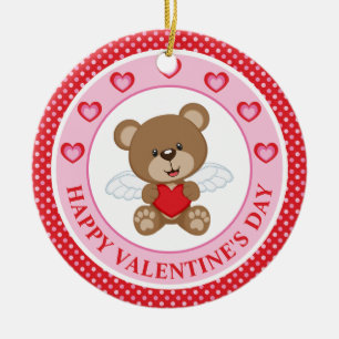 Niedlicher Valentinstag Bär und Herz mit Polka Dot Keramik Ornament