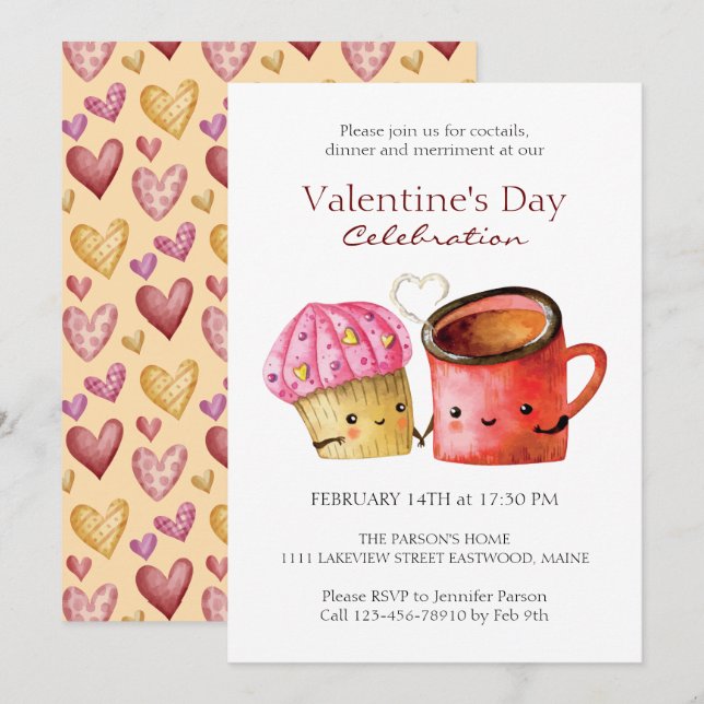 Niedlicher Valentinstag Cupcake und Kaffee Tasse P Einladung (Vorne/Hinten)