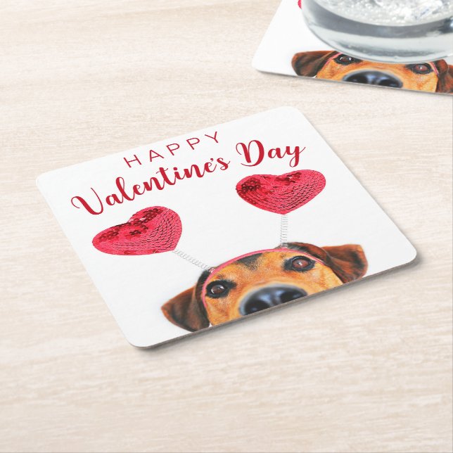 Niedlicher Valentinstag Hund Funny Heart Headband Rechteckiger Pappuntersetzer (angewinkelt)