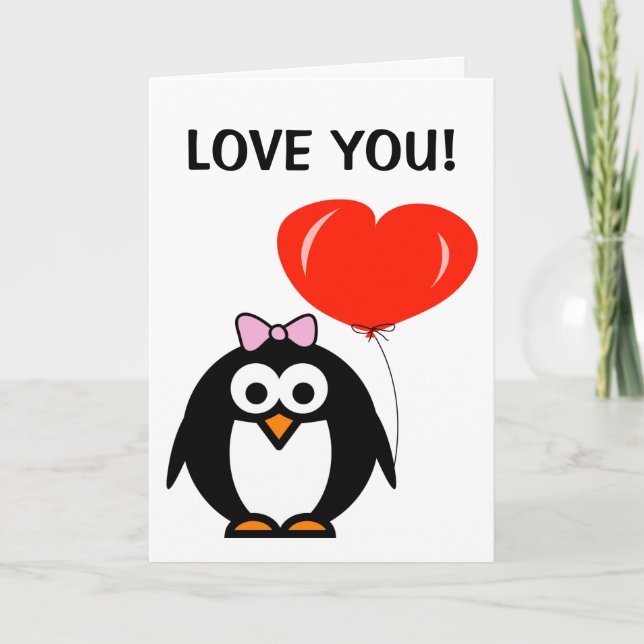 Niedlicher Valentinstag Pinguin mit Herzballon Feiertagskarte (Vorderseite)