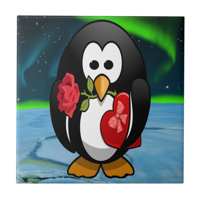 Niedlicher Valentinstag Pinguin Sonniger Cartoon Fliese (Vorderseite)