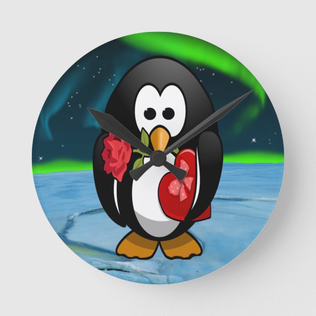 Niedlicher Valentinstag Pinguin Sonniger Cartoon Runde Wanduhr (Vorderseite)