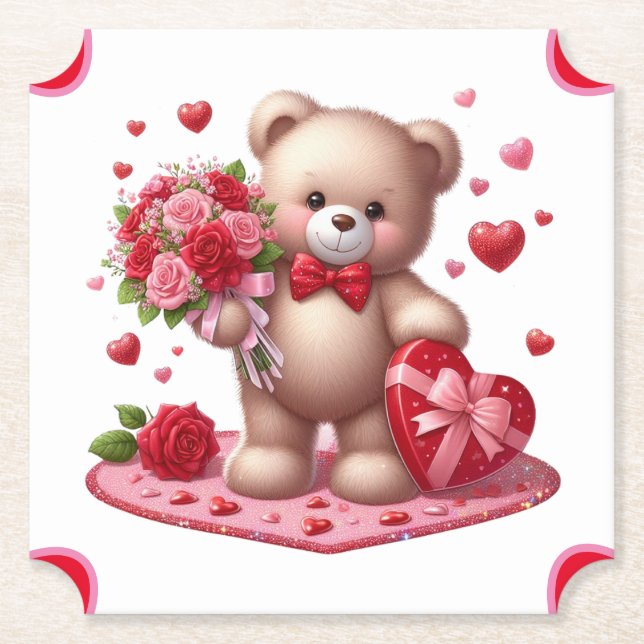 Niedlicher Valentinstag Teddybär Untersetzer (Vorderseite)