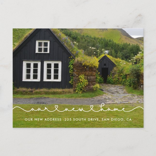 Niedlicher verbindender Schriftart Unsere neue Zuh Postkarte (Vorderseite)