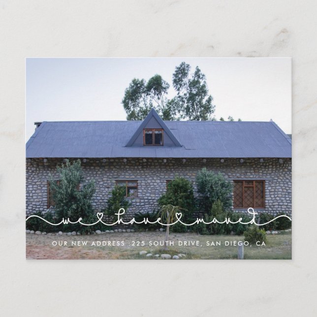 Niedlicher verbindender Schriftart Wir sind umgezo Postkarte (Vorderseite)