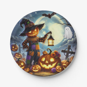 Niedlicher, verspielter Halloween-Vogelscheuche & Pappteller