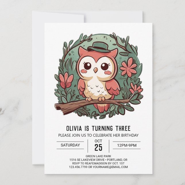 Niedlicher verzauberter digitaler Eule zum Geburts Einladung (Vorderseite)