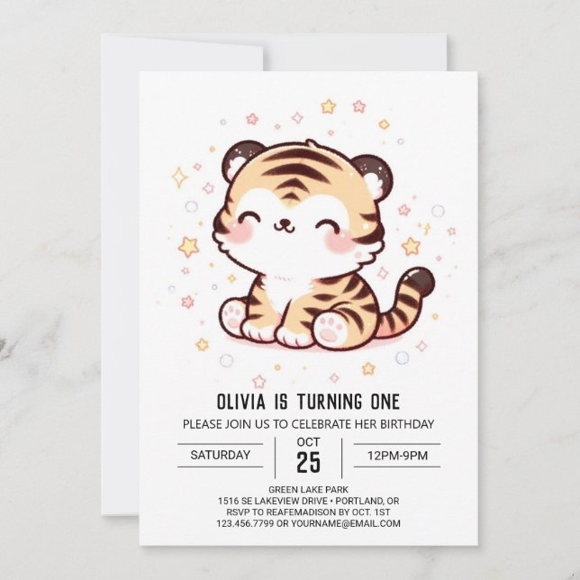 Niedlicher verzauberter Tiger 1. Geburtstag Einladung (Vorderseite)