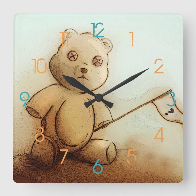 Niedlicher Vintager brauner Teddybär, Square Clock Quadratische Wanduhr (Vorderseite)
