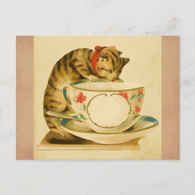 Niedlicher Vintager Cat Teacup Postkarte (Vorderseite)